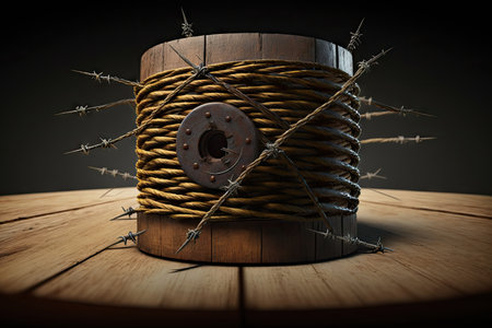 roll of barbed wire on wooden plank, ready for installation, created with generative aiの素材