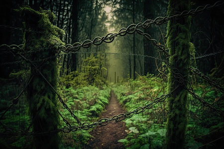 barbed wire fence in the midst of a lush forest, created with generative aiの素材