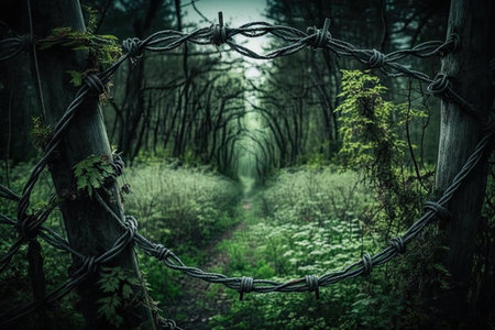 barbed wire fence in the midst of a lush forest, created with generative aiの素材