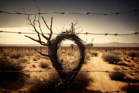 barbed wire fence in a deserted, post-apocalyptic landscape, created with generative aiの素材