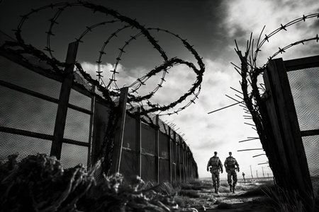 barbed wire fence enclosing military base, with armed guards on patrol, created with generative aiの素材