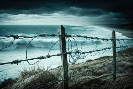 barbed wire fence, with a view of the ocean, in coastal setting, created with generative aiの素材