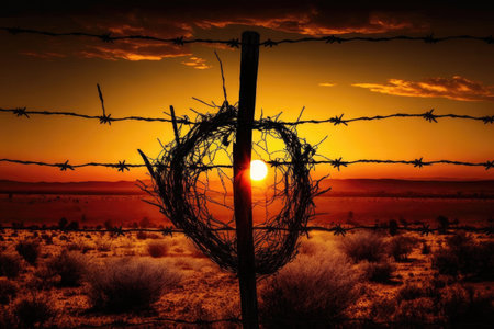 barbed-wire fence with a view of the sunrise over the horizon, created with generative aiの素材