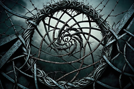 barbed wire, twisted and tangled in maze-like pattern, created with generative aiの素材