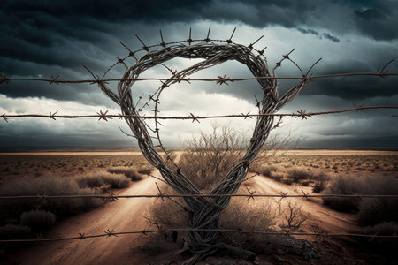 barbed wire border fence between two countries, with the view of a stormy sky in the background, created with generative aiの素材