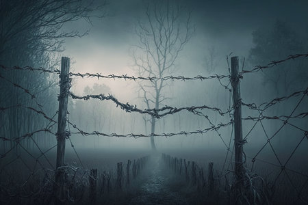 barbed wire fence in the foggy forest with mysterious atmosphere, created with generative aiの素材