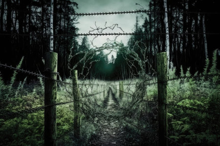 barbed wire fence in the middle of a forest, with trees and greenery visible, created with generative aiの素材