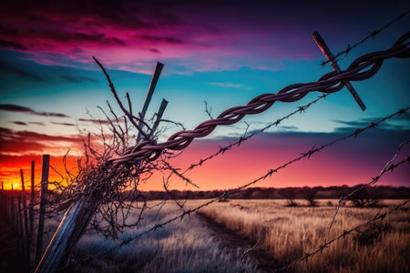 barbed wire fence, with sunset in the background, against colorful sky, created with generative aiの素材