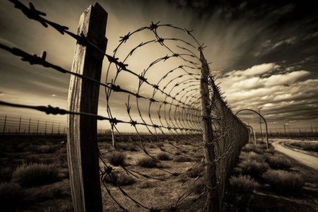 barbed wire fence surrounding military base or prison, created with generative aiの素材