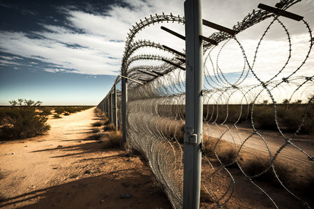 barbed wire fence surrounding military installation, created with generative aiの素材