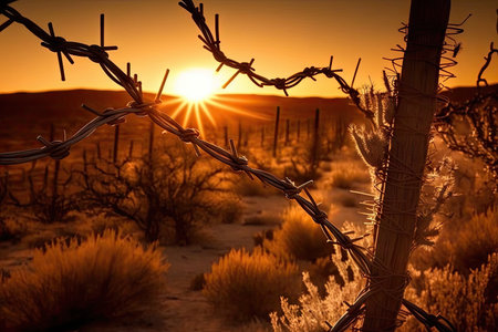 barbed wire fence, with sun setting behind it, casting a warm glow, created with generative aiの素材