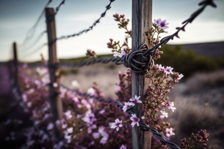 barbed wire fence with blooming flowers in the background, created with generative aiの素材