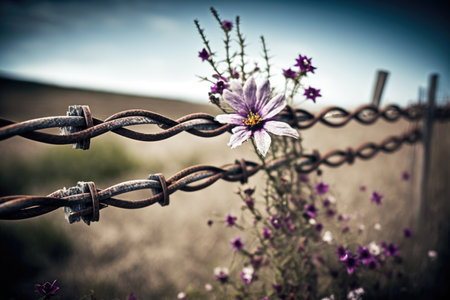 barbed wire fence with blooming flowers in the background, created with generative aiの素材