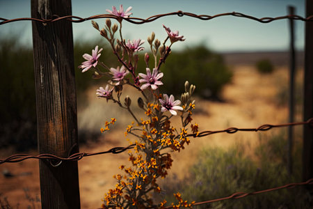 barbed wire fence with blooming flowers in the background, created with generative aiの素材