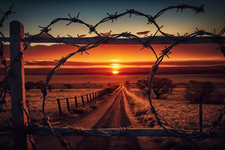 barbed wire fence with a view of the sunset over the horizon, created with generative aiの素材