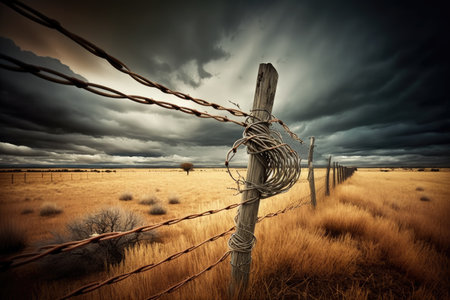 barbed wire fence in windy field, with dramatic clouds and sky, created with generative aiの素材