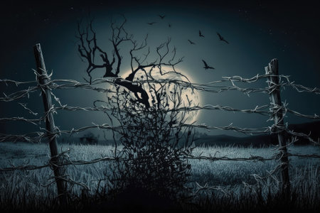 barbed wire fence in moonlight, with nocturnal creatures lurking in the shadows, created with generative aiの素材