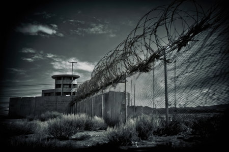barbed wire fence surrounding military or government facility, created with generative aiの素材