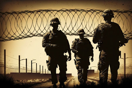 barbed wire fence around military base, with guards on patrol, created with generative aiの素材