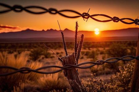 barbed wire fence with a view of the sunset in the background, created with generative aiの素材