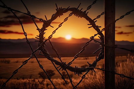 barbed wire fence with a view of the sunset in the background, created with generative aiの素材