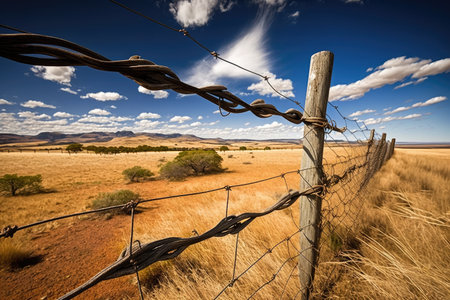 barbed wire fence, with view of rolling hills and blue skies, created with generative aiの素材