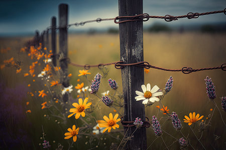 barbed wire fence in a field of wildflowers, created with generative aiの素材