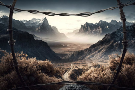 barbed wire fence in a mountain landscape, with view of the valley below, created with generative aiの素材