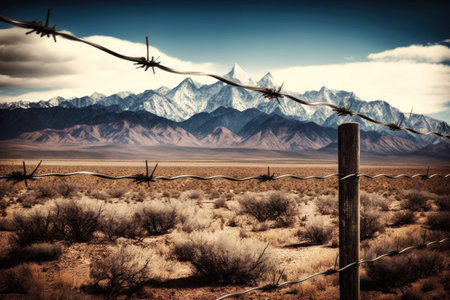 barbed wire fence with view of scenic mountain range, created with generative aiの素材