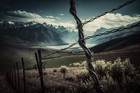 barbed wire fence in a peaceful mountain landscape, created with generative aiの素材