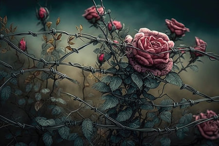 barbed wire fence with blooming rosebush on the side, created with generative aiの素材