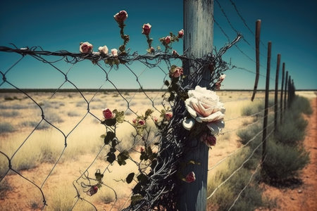 barbed wire fence with blooming rosebush on the side, created with generative aiの素材