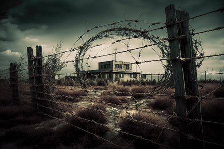 barbed wire fence surrounding abandoned military base, created with generative aiの素材