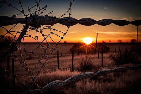barbed wire fence with a view of the sunset in the distance, created with generative aiの素材