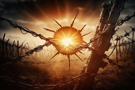 barbed wire, with the sun shining through it, creating a beautiful and artistic image, created with generative aiの素材
