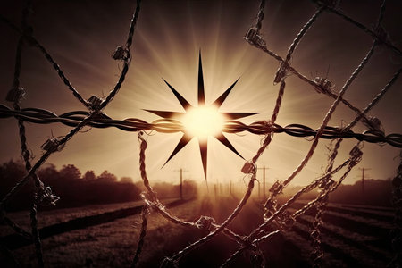 barbed wire, with the sun shining through it, creating a beautiful and artistic image, created with generative aiの素材
