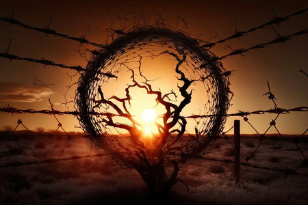 barbed wire, with the sun shining through it, creating a beautiful and artistic image, created with generative aiの素材