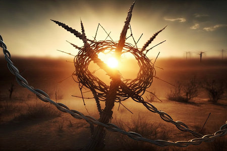 barbed wire, with the sun shining through it, creating a beautiful and artistic image, created with generative aiの素材