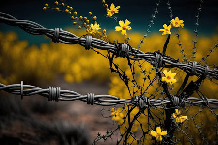 barbed wire fence with blooming yellow flowers in the background, created with generative aiの素材
