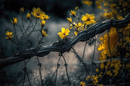 barbed wire fence with blooming yellow flowers in the background, created with generative aiの素材