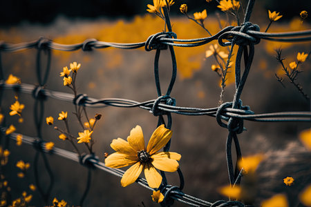 barbed wire fence with blooming yellow flowers in the background, created with generative aiの素材