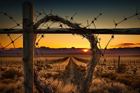 barbed wire fence with a view of the sunset on the horizon, created with generative aiの素材