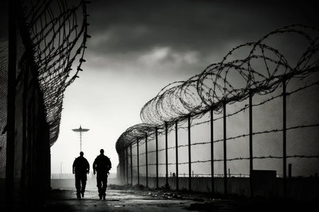 barbed wire fence surrounding a prison, with guards on patrol, created with generative aiの素材