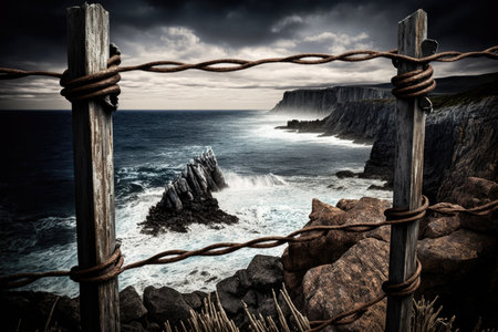 barbed wire fence on a rocky cliff, with the ocean beyond, created with generative aiの素材