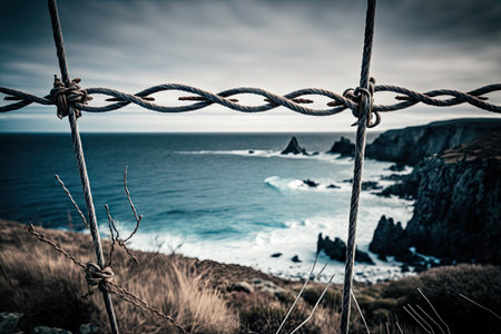 barbed wire fence on a rocky cliff, with the ocean beyond, created with generative aiの素材