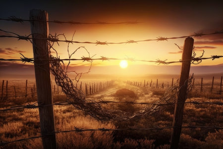 barbed wire fence with a view of the sunrise in a peaceful landscape, created with generative aiの素材