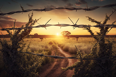 barbed wire fence surrounded by lush greenery, with view of the sunset in the background, created with generative aiの素材
