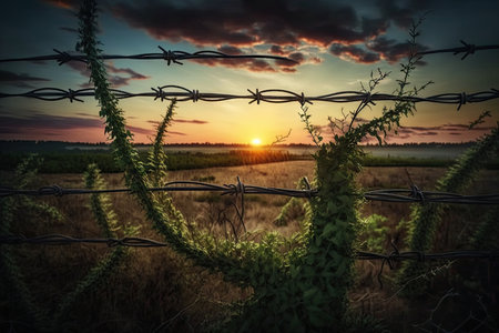 barbed wire fence surrounded by lush greenery, with view of the sunset in the background, created with generative aiの素材