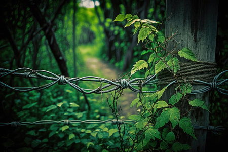 barbed wire fence surrounded by lush green foliage, created with generative aiの素材
