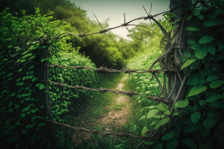 barbed wire fence surrounded by lush green foliage, created with generative aiの素材